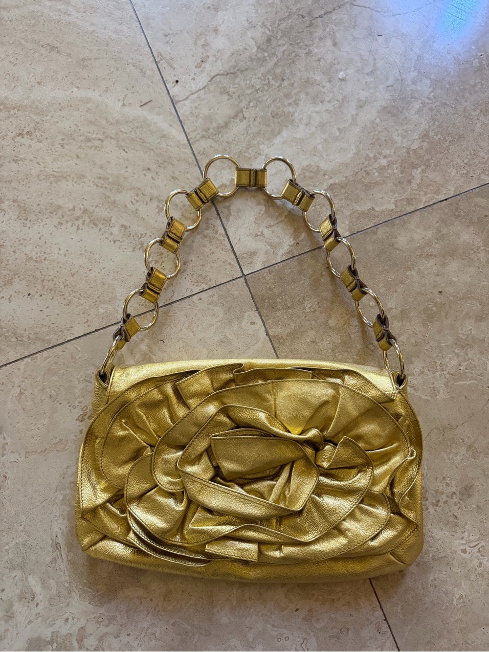 Yves Saint Laurent Gold Floral Rosette Shoulder Clutch